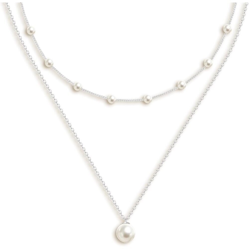 Pearl Necklace Set for Women Silver Brass Dainty Layered Elegant Jewelry